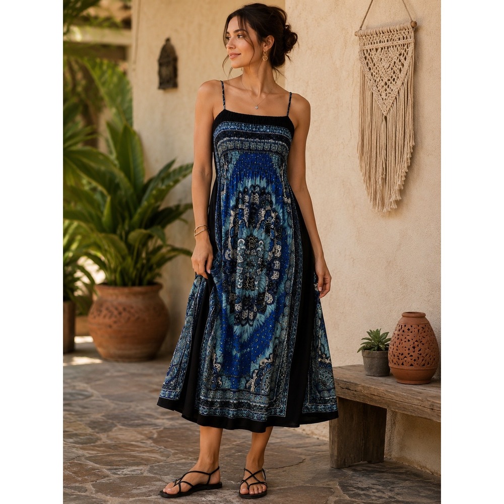 India Boutique Blue Black Mandala Smocked Spaghetti Strap Boho Dress